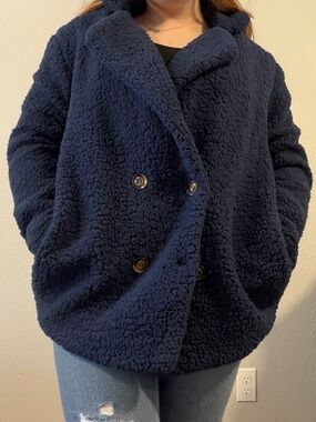 Plush Double-Breasted Teddy Coat - Navy